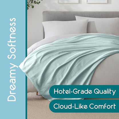 King Size 100% Cotton Blanket | Super Soft Breathable Lightweight Throw | All-Season Knit Blanket | Luxury Hotel Style | Easy Care | Oeko-Tex Certified | Light Blue