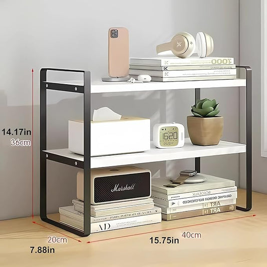 Hbluefat Desktop Organizer Shelf, 2-Tier Multipurpose Tabletop Storage Bookshelf, Small Wooden Countertop Storage Rack for Home Office Kitchen (White+Black)