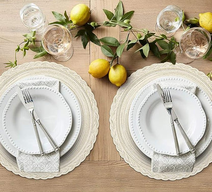 SHACOS Boho Round Placemats Set of 8 Braided Border Round Place Mats 15 inch Washable Dining Table Mats for Home Wedding Holiday Party (Ivory Bordered, 8)