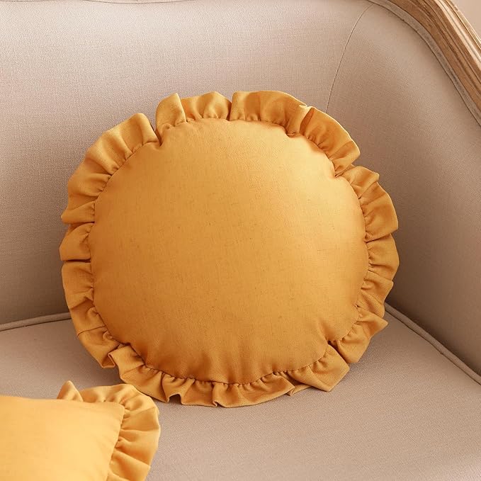 ISAENNE 2 Pieces Classic Yellow Round Throw Pillow Cover Diameter 16", Solid Color Farmhouse Linen Cotton Decor Pillow Cover with Ruffles, Sturdy Throw Pillow Case for Couch Sofa Bed Living Room