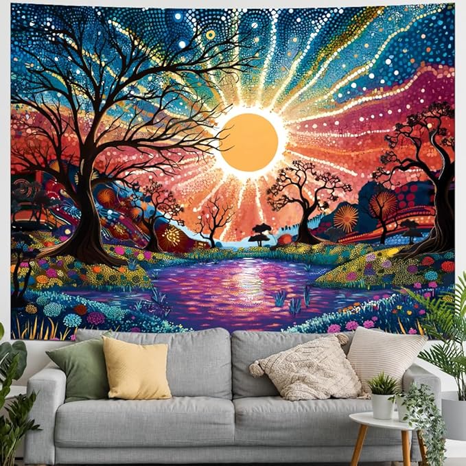Serborlur Tree of Life Tapestry Trippy Sun Forest Tapestries Colorful Starry Sky Tapestries Hippie Nature Landscape Tapestry Wall Hanging for Bedroom (39.4" x 52.4")