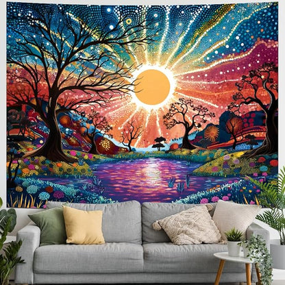 Serborlur Tree of Life Tapestry Trippy Sun Forest Tapestries Colorful Starry Sky Tapestries Hippie Nature Landscape Tapestry Wall Hanging for Bedroom (39.4" x 52.4")