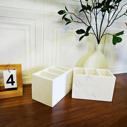 Marble Pen Holder, White Stone, Rectangular Desktop Organizer for Office Study (white 3 layer)