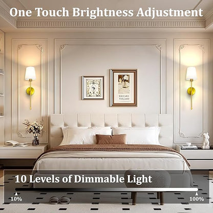 Battery Operated Wall Sconce Set of 2, 15 Colors Rechargeable Wall Lights with Dimmable Bulbs and Remote, Gold Wireless Wall Lamp for Living Room Hallway Bedroom
