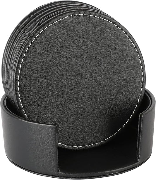Leather Coasters for Drinks(6 Pack), Handmade Durable Drink Coasters Set with Holder for Tabletop Protection, Luxurious Home Décor and Housewarming Gift (Black)