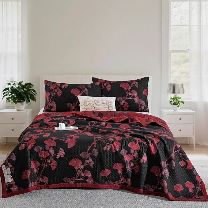100% Cotton Muslin Jacquard 2 Piece Quilt Set Floral Ginkgo Leaf Print, Soft 3 Layers Gauze Bed Cover Reversible Bedspread Coverlet Breathable Lightweight Bedding Set, Twin