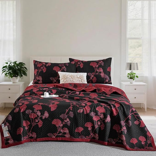 100% Cotton Muslin Jacquard 3 Piece Quilt Set Floral Ginkgo Leaf Print, Soft 3 Layers Gauze Bed Cover Reversible Bedspread Coverlet Breathable Lightweight Bedding Set, King