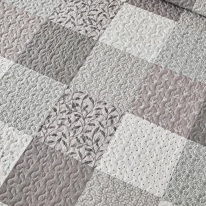 SahSahCasa 100% Cotton 102"x120" Oversized Queen Quilt Bedspread - Quilted Extra Large Comforter Lightweight Bedding Set, XL Plaid Patchwork Wide Bed Spread Coverlet, 3pcs, Taupe Gray