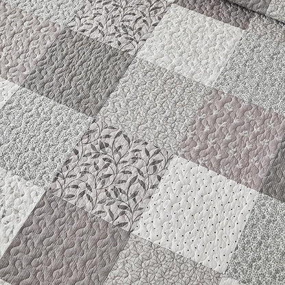 SahSahCasa 100% Cotton 102"x120" Oversized Queen Quilt Bedspread - Quilted Extra Large Comforter Lightweight Bedding Set, XL Plaid Patchwork Wide Bed Spread Coverlet, 3pcs, Taupe Gray