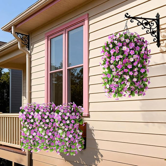 2 Pack Artificial Hanging Flowers, Fake Flowers Hanging Plant Violet Flower, Artificial Faux Silk Spring Flower for Wall Front Door Yard Garden Wedding Outdoor Decoration(Purple)