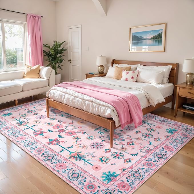 Tangsoo Pink Rug for Bedroom Girl Nursery 5x7, Washable Non Slip Cute Floral Rug for College, Soft Low Pile Carpet for Living Room Teen Coquette Room Loveshackfancy Decor Alfombra Kids Baby Playroom