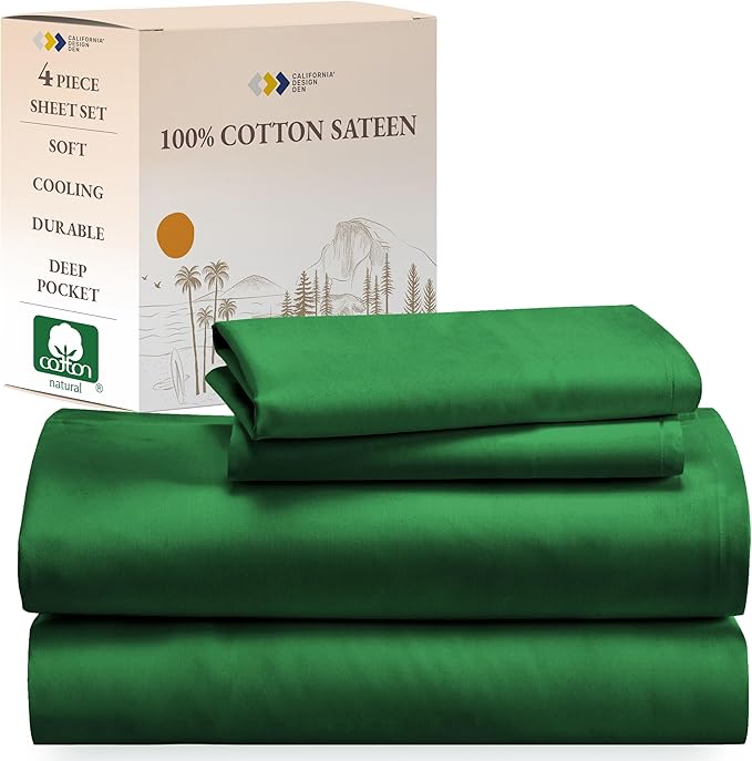 California Design Den Natural 100% Cotton Sheets Full Size Bed Set with Deep Pockets - Soft Sateen Weave, Durable Bed Sheets Full Size (Emerald Green)