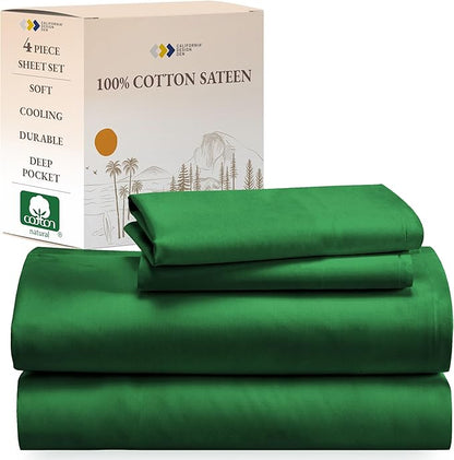 California Design Den Natural 100% Cotton Sheets Full Size Bed Set with Deep Pockets - Soft Sateen Weave, Durable Bed Sheets Full Size (Emerald Green)
