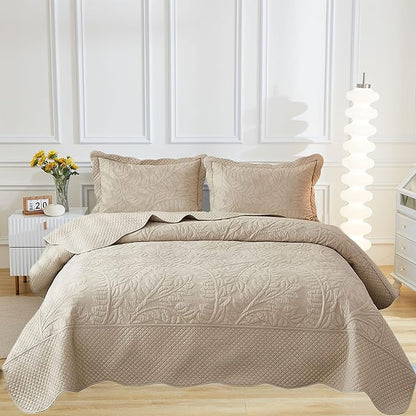 MarCielo 3-Piece 100% Cotton Oversized Bedspread Lightweight Quilt Coverlet Embroidery Farmhouse Bedding Set T0 (Yellowish Beige, Oversized King (118"x106"))