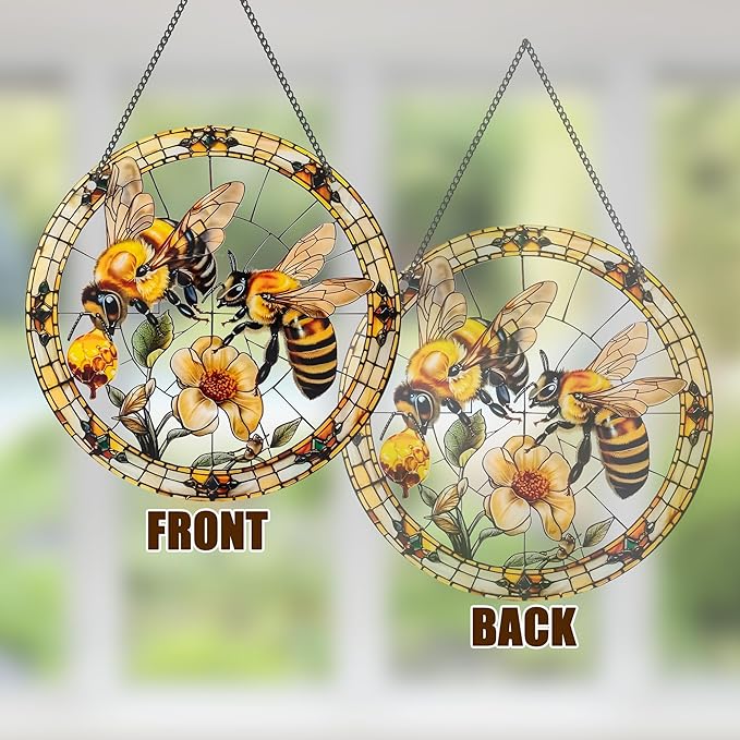 Bee Window Hangings Decor - Acrylic Sun Catcher Ornaments with Hook & Chain,Art SunCatcher Pendant for Gifts Indoor Outdoor Home Wall Living Room Spring Summer Decoration (Double Bee)