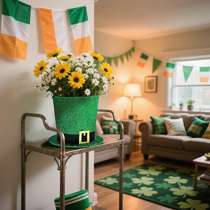 St. Patrick's Day Decorative Hat Vase, DIY Green Hat Flower Pot, St. Patrick's Day Tabletop Decoration Foldable Flower Pot Hat (Flowers Not Included)