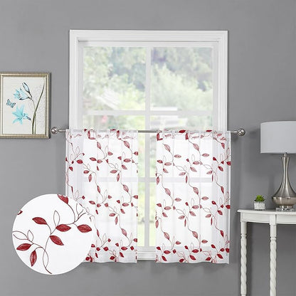 Tollpiz Burgundy Red Leaf Sheer Tier Curtain Leaves Embroidered Kitchen Curtains Rod Pocket Voile Bathroom Window Treatment for Cafe, 30 x 36 inches Long, Set of 2 Panels