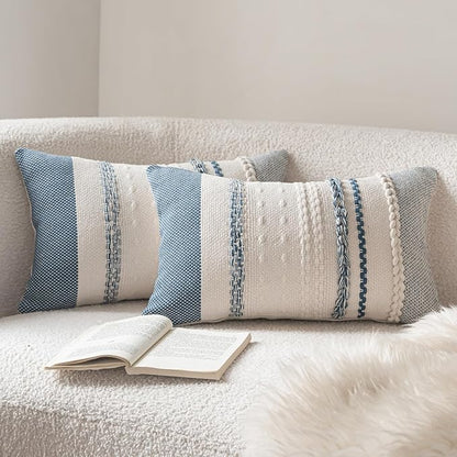 Boho Throw Pillow Covers 12x20 Inch Set of 2, Blue Textured Decorative Couch Pillow Cases for Farmhouse Home Decor, Accent Cushion Cover for Sofa, Bed, Living Room, Bedroom