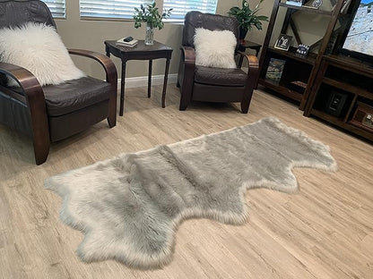 LAMBZY Faux Sheepskin Super Soft Hypoallergenic Silky Shag Rug for Living Room, Kids Room, Sofa (Quarto 4 Pelts Side by Side 3'x8', Grey)