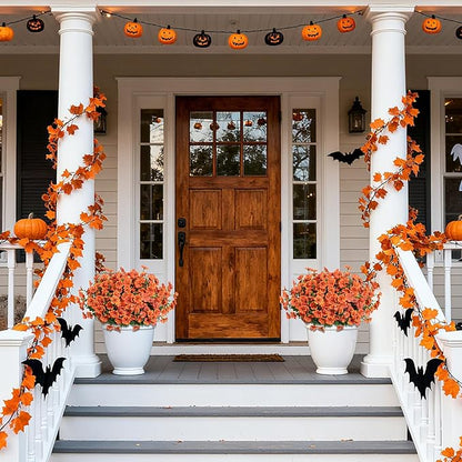 Orange Fall Artificial Flowers for Outdoors Decorations, 12 Bundles Faux Fall Mums Flowers, UV Resistant Realistic Silk Daisy with Eucalyptus for Home Decor Garden Planters Patio Yard Balcony