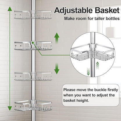 Corner Shower Caddy Tension Pole 4 Tier Adjustable Stainless Steel Shower Shelf for Inside Shower Bathtub Shampoo,Standing Bathroom Organizer Shelves with 39 to 113 inch Height