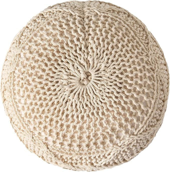 Knitted Cotton Round Pouf - 20x20, Modern Design, Soft Cotton, No Assembly, Porch Ottoman for Living Room, Gray, Ivory (Pouf - Ivory)