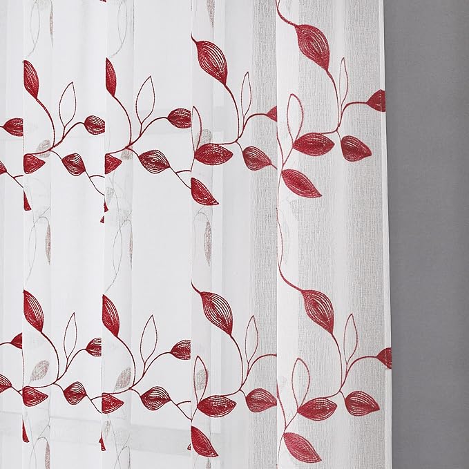 Tollpiz Burgundy Red Leaf Sheer Curtain Leaves Embroidered Living Room Short Curtains Rod Pocket Voile Window Treatment for Bedroom, 54 x 54 inches Long, Set of 2 Panels