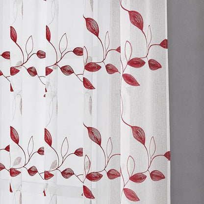 Tollpiz Burgundy Red Leaf Sheer Curtains Leaves Embroidered Bedroom Short Curtain Rod Pocket Voile Window Treatment for Living Room, 38 x 54 inches Long, Set of 2 Panels
