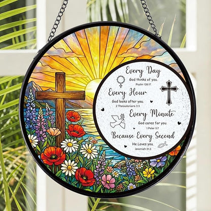 Rngmsi Stained Glass Window Hanging, 7.8″ The Cross and Scripture Sun Catchers Indoor Window Decor, Christ Suncatchers Hanging Ornaments Home Garden Art Easter Gift for Housewarming