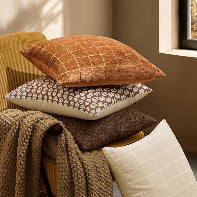 MIULEE Decorative Chenille Check Throw Pillow Covers Vintage Plaid Couch Pillows 20x20 Inch Set of 2 Neutral Boho Farmhouse Cushion Covers Modern Spring Home Decor for Sofa Bed Living Room Bronze