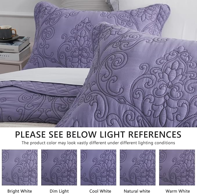 CHIXIN Bedspread Coverlet Set Queen Size - Lightweight Bedding Cover - Beautiful Stitching - 5 Piece Reversible Bedspread - Luxury Damask Paisley Pattern (Queen, Lavender)