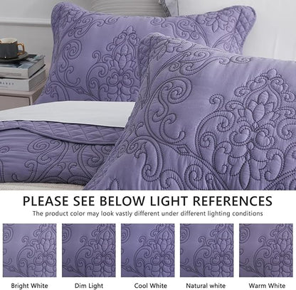 CHIXIN Bedspread Coverlet Set Queen Size - Lightweight Bedding Cover - Beautiful Stitching - 5 Piece Reversible Bedspread - Luxury Damask Paisley Pattern (Queen, Lavender)