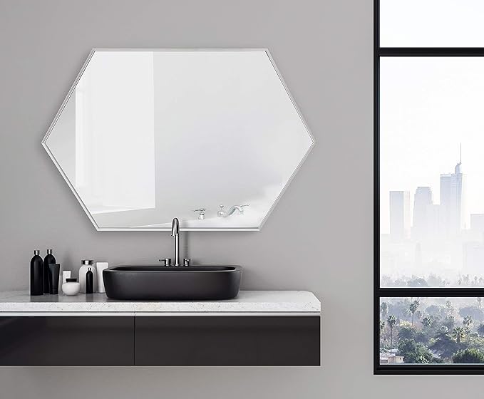 Kate and Laurel Rhodes Modern Hexagon Wall Mirror, 24.75 x 36.75, Silver, Chic Geometric Wall Mirror