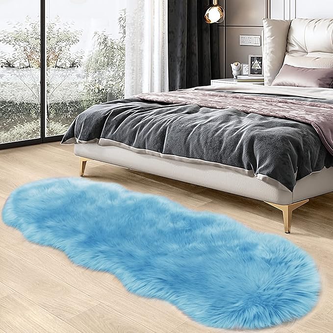SERISSA Ultra Soft Fluffy Rug Sky Blue Faux Sheepskin Fur Rug Shaggy Couch Cover Furry Carpet for Kids Room Bedroom Living Room Runner, 2x6 Feet (Sheepskin Shape,Sky Blue)