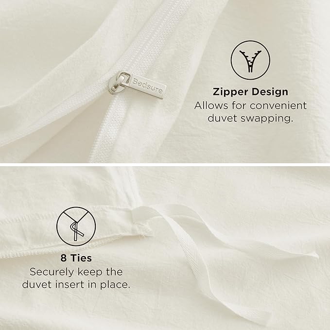 Bedsure 100% Washed Cotton Duvet Cover King Size - Ivory Minimalist Cotton Duvet Cover Linen Like for All Seasons - GentleSoft™ Plain Simple Bedding, 3 Pieces (Ivory, King, 104"x90")