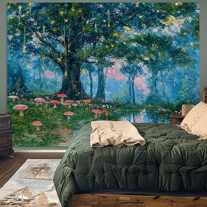 Haibimen Monet Nature Forest Tapestry Wall Hanging Green Tree Mushroom Landscape Tapestries for Bedroom Watercolor Aesthetic Wallpaper Decor for Living Room (forest-1, 80''×60'')
