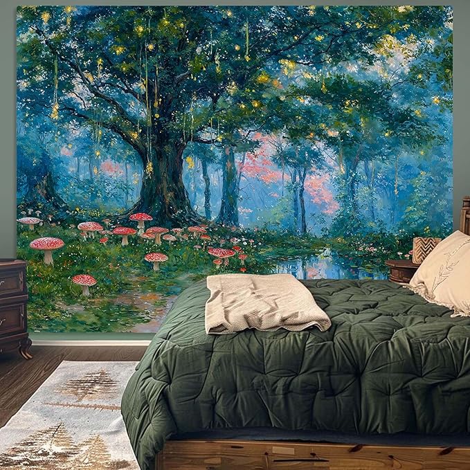 Haibimen Monet Nature Forest Tapestry Wall Hanging Green Tree Mushroom Landscape Tapestries for Bedroom Watercolor Aesthetic Wallpaper Decor for Living Room (forest-1, 48''×36'')