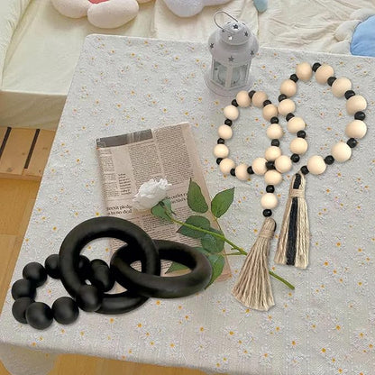 2 pcs Decorative Wood Knot Link Chain and Bead Decor, Black Wooden Knot Decor for Coffee Table Farmhouse Decortive for Home Boho Modern Shelf Decortion(Black)