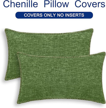 CaliTime Throw Pillow Covers Decorative 12 X 20 Inches Pack of 2 Cotton Thread Stitching Edges Solid Dyed Soft Chenille Cushion Cases for Couch Sofa Bed Living Room Farmhouse Forest Green