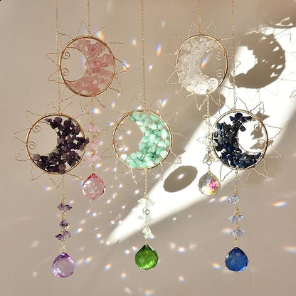 Hanging Sunlight Catcher, Sun & Moon Crystal Suncatcher, Crystal Hanging Ornament, Hanging Crystals for Decoration, Festival Gift, Window Decoration (Blue)