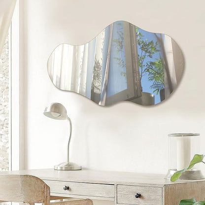 PERFNIQUE Irregular Wall Mirror Asymmetrical Mirror, 28''x17'' Decorative Modern Mirror for Bathroom Bedroom Living Room Entryway, Cloud Frameless, Wall Mounted (28''x17'', Cloud)