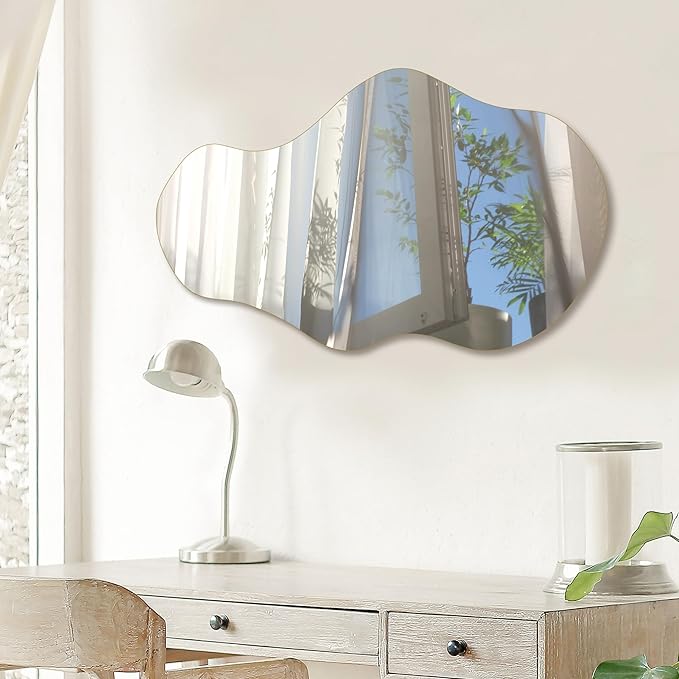 PERFNIQUE Irregular Wall Mirror Asymmetrical Mirror, 35''x21'' Decorative Modern Mirrors for Bathroom Bedroom Living Room Entryway, Cloud Frameless Mirror, Wall Mounted (35''x21'', Cloud)