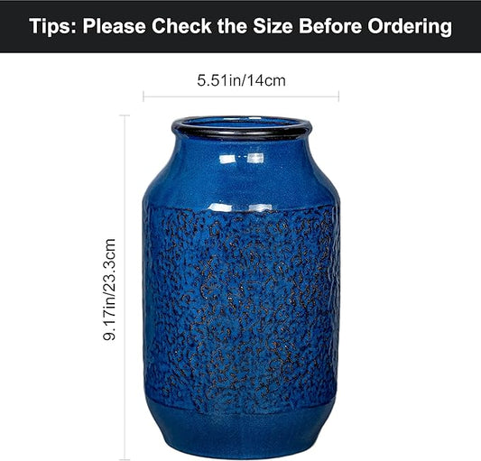 Blue Vase for Decor, 9 inch Ceramic Flower Vase, Modern Decorative Vases Home Decor, Bathroom Bedroom Office Living Room Shelf Decoration
