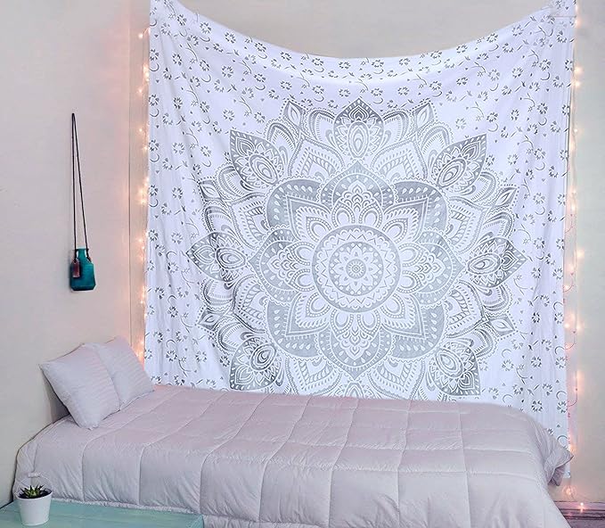 raajsee Metallic Silver Tapestry Grey Mandala Wall Hangings, Indian Cotton Beach Throw Blanket, Hippie Tapestries Boho Bohemian Decor,Twin Bedspread Yoga Meditation Mat Rugs, 52 x 60 Inches