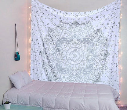 raajsee Glittering Silver Grey Tapestry Wall Hanging Mandala-Bohemian Room Decor-Indian Cotton Throw Hippie Tapestries -Boho Bedding White Golden Queen bedspread 82x92 inches-Meditation Yoga Mat Rugs