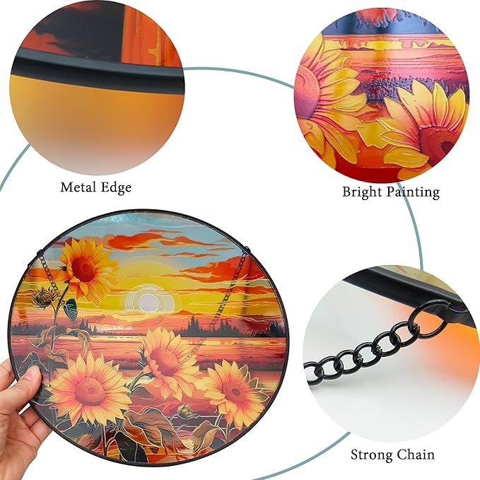 Sunflower Suncatcher Hanging Stained Glass Window Decor, Sunset Sun Catcher Wall Decor for Flower Lovers, Birthday Christmas Thanksgiving Sunflower Gift (25cm/9.8'')