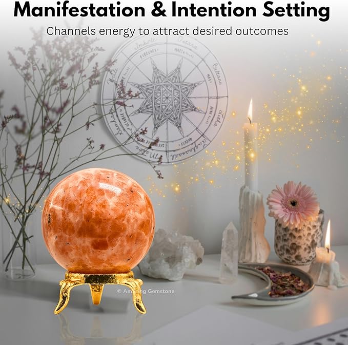 Amazing Gemstone Sunstone Crystal Ball with Stand - 1.5 Inches Crystal Sphere Meditation Balls for Witchcraft and Decorative Balls