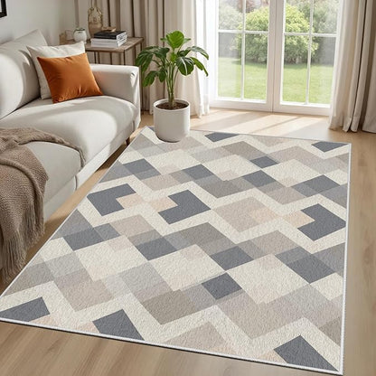 Modern Area Rug Living Room Rugs 5x8, Minimalist Soft Boho Geometric Rug, Non-Slip Washable Low Pile Non Shedding Carpet for Bedroom Office Dining Room Kitchen Nursery, Gray Beige White