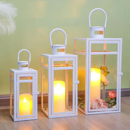 TRIROCKS Metal Candle Lantern Set of 3 - Assorted Sizes (12/15/19 Inch) - Tall Metal Hanging Lanterns with Tempered Panels Indoor & Outdoor Home Decor for Christmas Parties & Events - White Finish