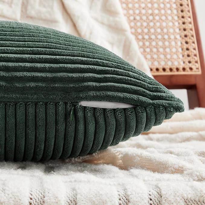 Fancy Homi Set of 2 Dark Green Lumbar Decorative Throw Pillow Covers 14x22 Inch for Living Room Couch Bed, Boho Farmhouse Forest Green Home Decor, Soft Corduroy Corss Patchwork Cushion Case